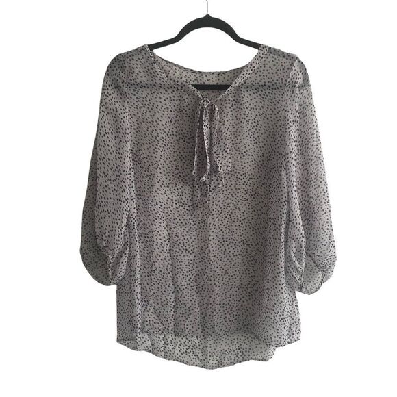 SILK Popover Printed Semi-Sheer Blouse With Tie Neck Grey Blue M - Picture 1 of 10